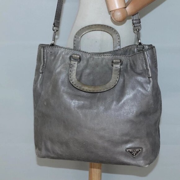PRADA Hand Bag Leather 2way Gray Silver Auth ar13717 - Picture 3 of 16